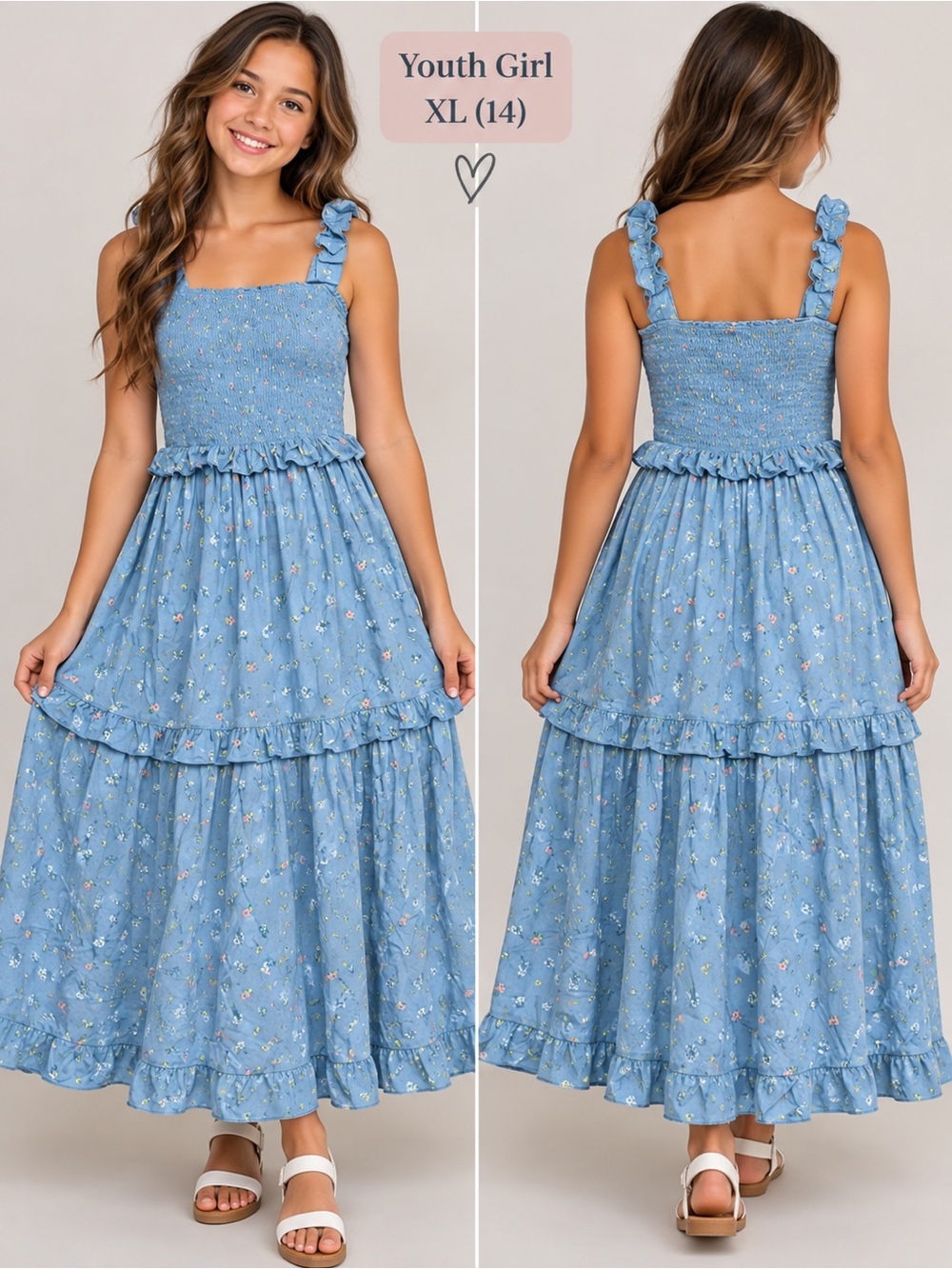 XL14 Cat & Jack Light Blue Floral Ruffled Maxi Dress